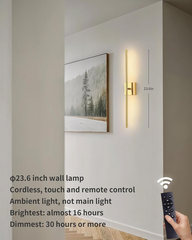 KDG Cordless Wall Sconces with Remote Control, Wireless 5200mAh Rechargeable Battery Operated LED Wall Lamps, 360° Rotate Lightings for Wall Painting, Bedroom, Hallway, Night Light 23.6 inch (Gold) - Image 1